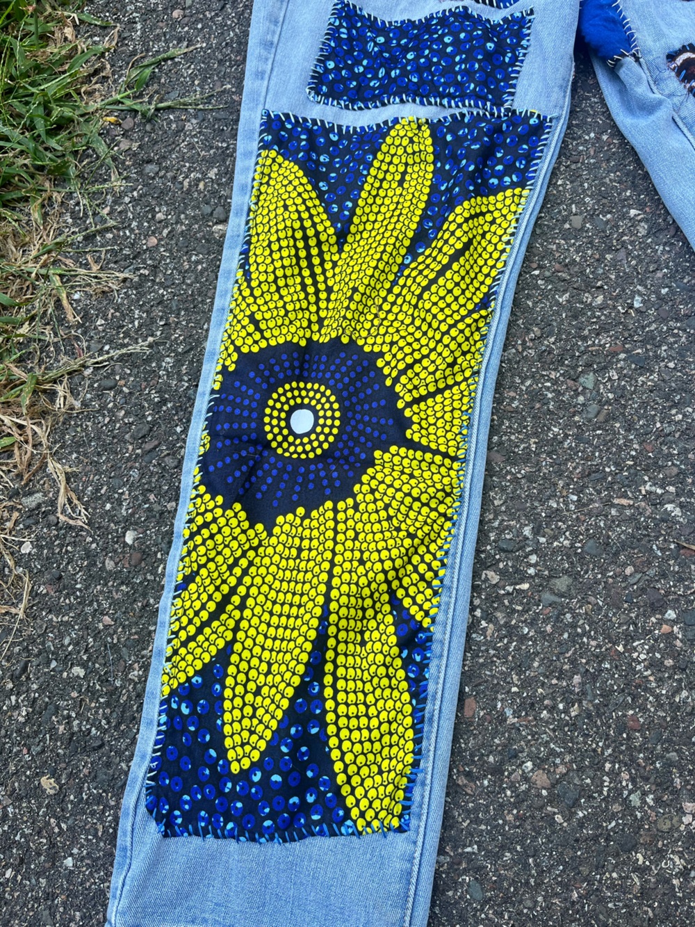 OOAK Reworked Sunflower Patchwork Jeans Ankara Leopard Button Light Wash